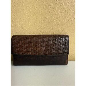 Vintage Fossil Long Wallet/Checkbook Clutch – Brown Leather, Basketweave Texture